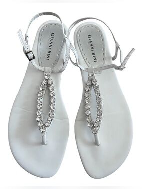 Gianni Bini White “Glitter” Rhinestone T-Strap Flat Sandals | Ankle Strap|9.5